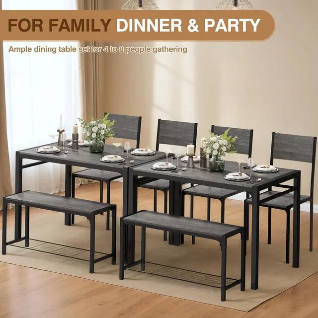 Alt view image 4 of 7 - Dining Table Set for 4, Modern Kitchen Table Bench and Chairs Rectangular Dining Room Table Set with Storage Bench for Small Space, Apartment, Restaurant (Grey)