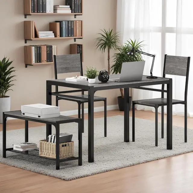 Alt view image 6 of 7 - Dining Table Set for 4, Modern Kitchen Table Bench and Chairs Rectangular Dining Room Table Set with Storage Bench for Small Space, Apartment, Restaurant (Grey)