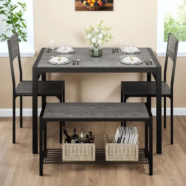 Alt view image 7 of 7 - Dining Table Set for 4, Modern Kitchen Table Bench and Chairs Rectangular Dining Room Table Set with Storage Bench for Small Space, Apartment, Restaurant (Grey)