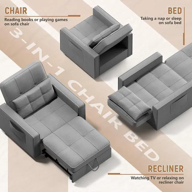 Alt view image 4 of 7 - Sofa Bed, Sleeper Sofa 3-in-1, Adjustable Couch Bed with Modern Linen Fabric, Convertible Sleeper Chair, Couches for Living Room, Apartment and Small Space (Bright Gray)