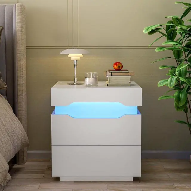 Alt view image 3 of 7 - Nightstand with Charging Station, End Table with 2 Drawer Storage Cabinet, Bedside Table with Sliding Top for Bedroom and Living Room (White)