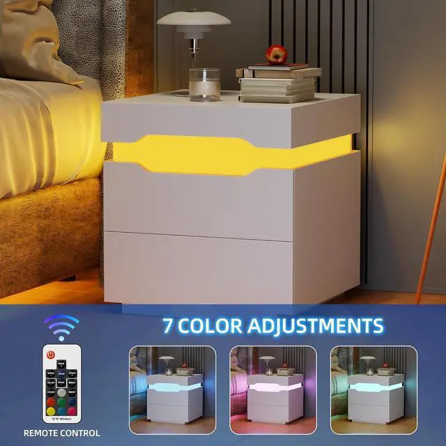Alt view image 4 of 7 - Nightstand with Charging Station, End Table with 2 Drawer Storage Cabinet, Bedside Table with Sliding Top for Bedroom and Living Room (White)