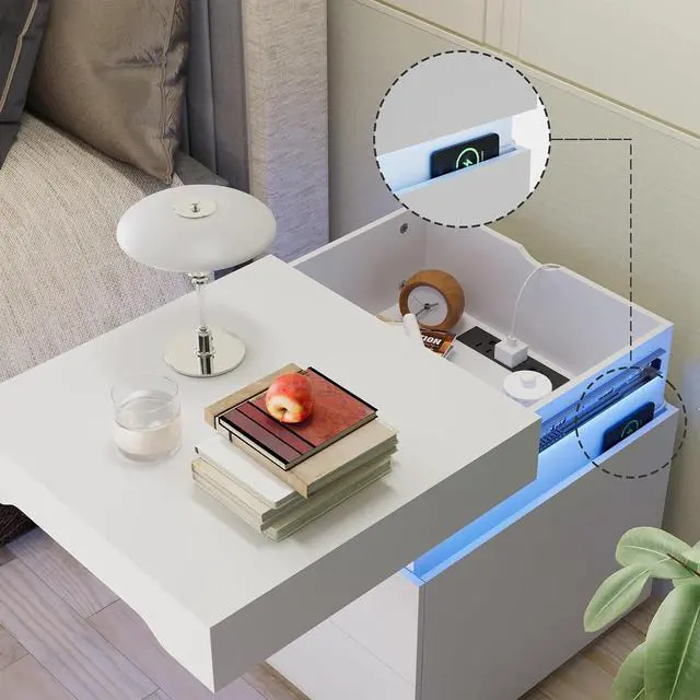 Alt view image 5 of 7 - Nightstand with Charging Station, End Table with 2 Drawer Storage Cabinet, Bedside Table with Sliding Top for Bedroom and Living Room (White)