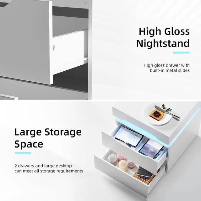 Alt view image 6 of 7 - Nightstand with Charging Station, End Table with 2 Drawer Storage Cabinet, Bedside Table with Sliding Top for Bedroom and Living Room (White)
