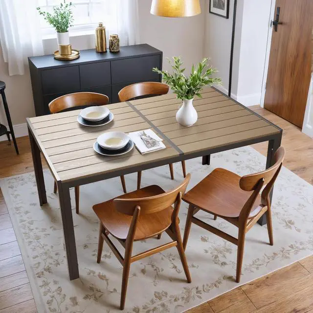 Alt view image 5 of 7 - Dining Table Wood Tabletop Dining Table for 6 Rectangular Kitchen Table with Metal Legs for Living Room, Dining Room, 59 * 35.4 * 28.3 inch