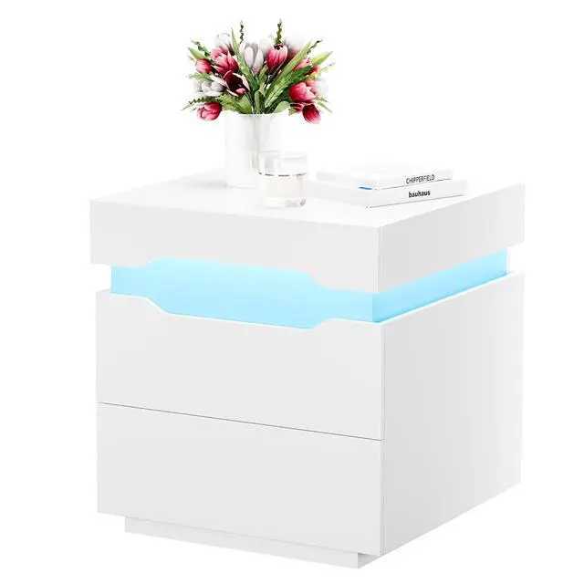 Alt view image 7 of 7 - Nightstand with Charging Station, End Table with 2 Drawer Storage Cabinet, Bedside Table with Sliding Top for Bedroom and Living Room (White)
