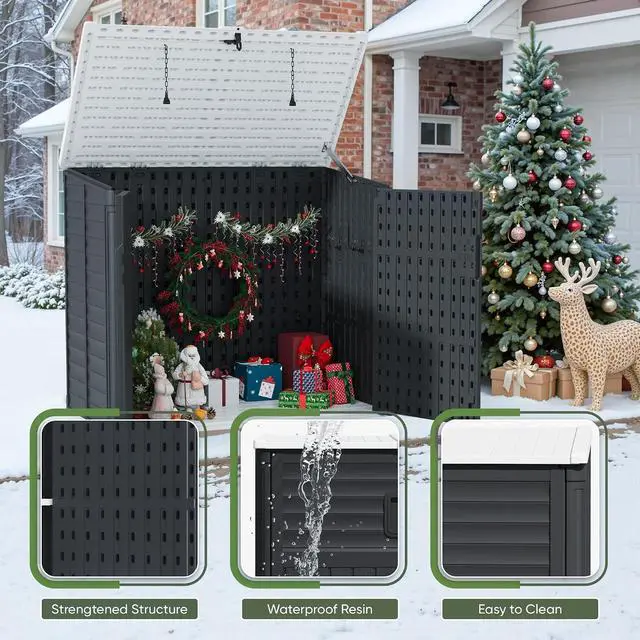 Alt view image 2 of 5 - 35 Cu. Ft. Resin Storage Shed Outdoor, Large Capacity Storage Box for Garbage Cans with Hooks, Garden Tools, Patio Decorations, Weather-Resistant, Lockable (Black)