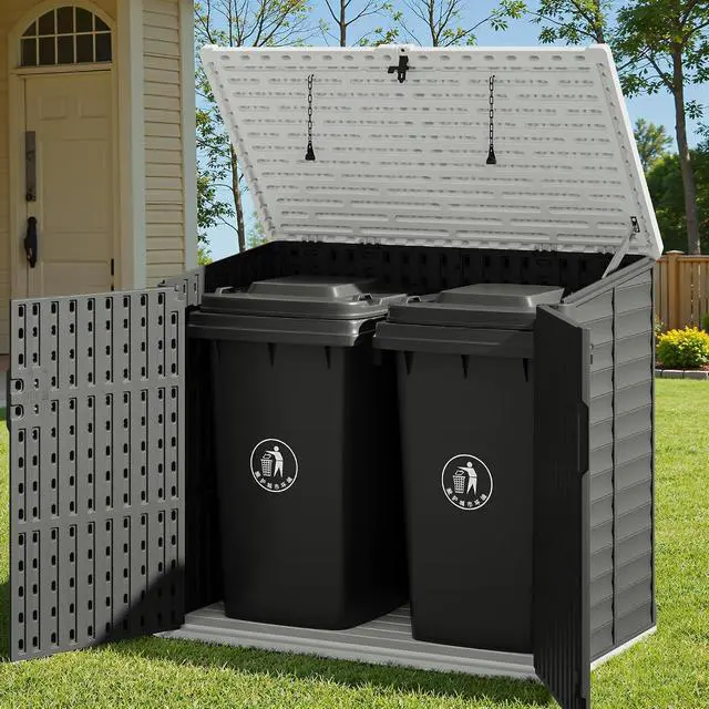 Alt view image 3 of 5 - 35 Cu. Ft. Resin Storage Shed Outdoor, Large Capacity Storage Box for Garbage Cans with Hooks, Garden Tools, Patio Decorations, Weather-Resistant, Lockable (Black)