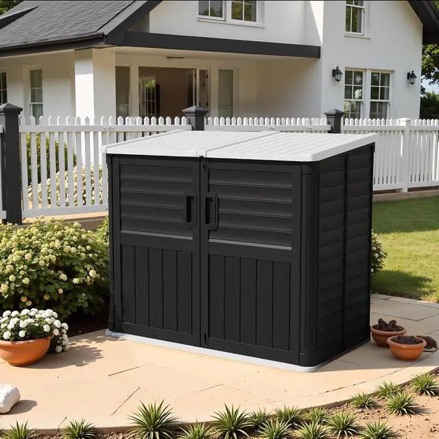 Alt view image 4 of 5 - 35 Cu. Ft. Resin Storage Shed Outdoor, Large Capacity Storage Box for Garbage Cans with Hooks, Garden Tools, Patio Decorations, Weather-Resistant, Lockable (Black)