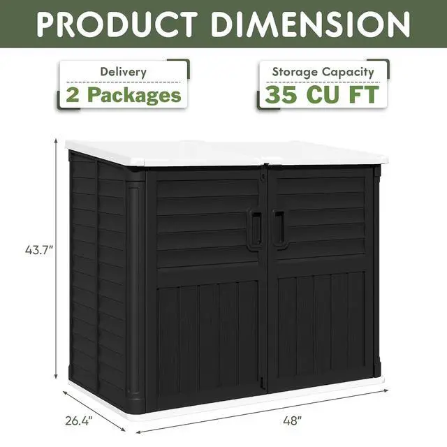 Alt view image 5 of 5 - 35 Cu. Ft. Resin Storage Shed Outdoor, Large Capacity Storage Box for Garbage Cans with Hooks, Garden Tools, Patio Decorations, Weather-Resistant, Lockable (Black)