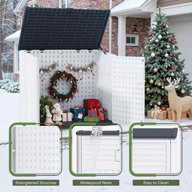 Alt view image 2 of 5 - 35 Cu. Ft. Resin Storage Shed Outdoor, Large Capacity Storage Box for Garbage Cans with Hooks, Garden Tools, Patio Decorations, Weather-Resistant, Lockable (Beige)