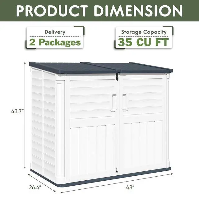 Alt view image 4 of 5 - 35 Cu. Ft. Resin Storage Shed Outdoor, Large Capacity Storage Box for Garbage Cans with Hooks, Garden Tools, Patio Decorations, Weather-Resistant, Lockable (Beige)