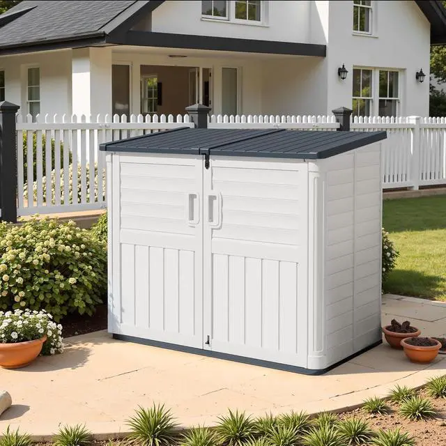 Alt view image 3 of 5 - 35 Cu. Ft. Resin Storage Shed Outdoor, Large Capacity Storage Box for Garbage Cans with Hooks, Garden Tools, Patio Decorations, Weather-Resistant, Lockable (Beige)