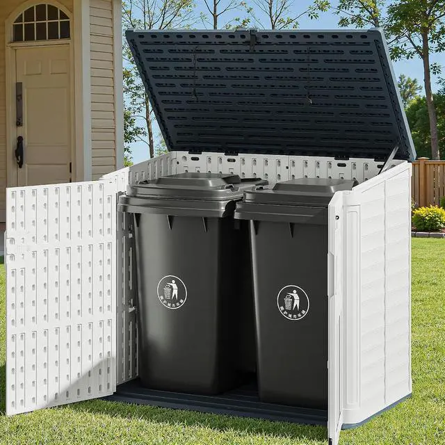 Alt view image 5 of 5 - 35 Cu. Ft. Resin Storage Shed Outdoor, Large Capacity Storage Box for Garbage Cans with Hooks, Garden Tools, Patio Decorations, Weather-Resistant, Lockable (Beige)