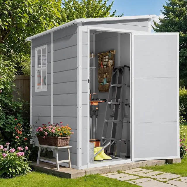 Main image of 5 x 4 FT Outdoor Storage Shed, Garden Resin Shed with Floor & Windows, Plastic Tool Shed with Lockable Door for Backyard Patio Lawn Pool, Light Gray