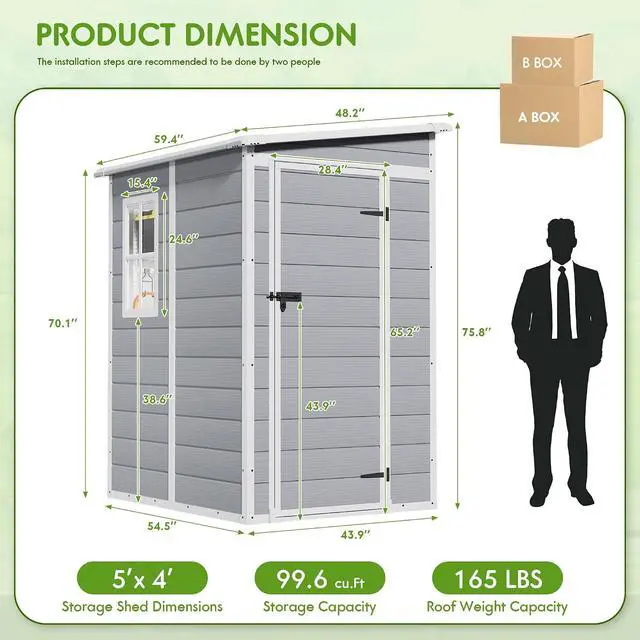 Alt view image 5 of 7 - 5 x 4 FT Outdoor Storage Shed, Garden Resin Shed with Floor & Windows, Plastic Tool Shed with Lockable Door for Backyard Patio Lawn Pool, Light Gray