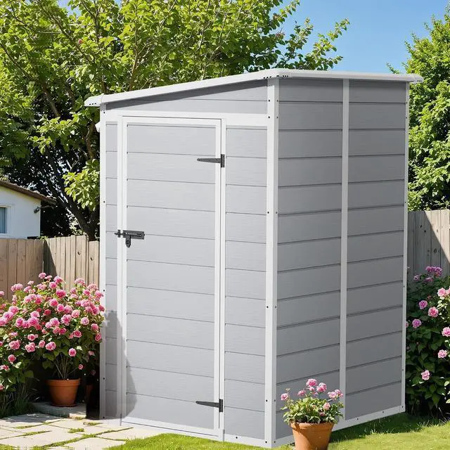 Alt view image 7 of 7 - 5 x 4 FT Outdoor Storage Shed, Garden Resin Shed with Floor & Windows, Plastic Tool Shed with Lockable Door for Backyard Patio Lawn Pool, Light Gray