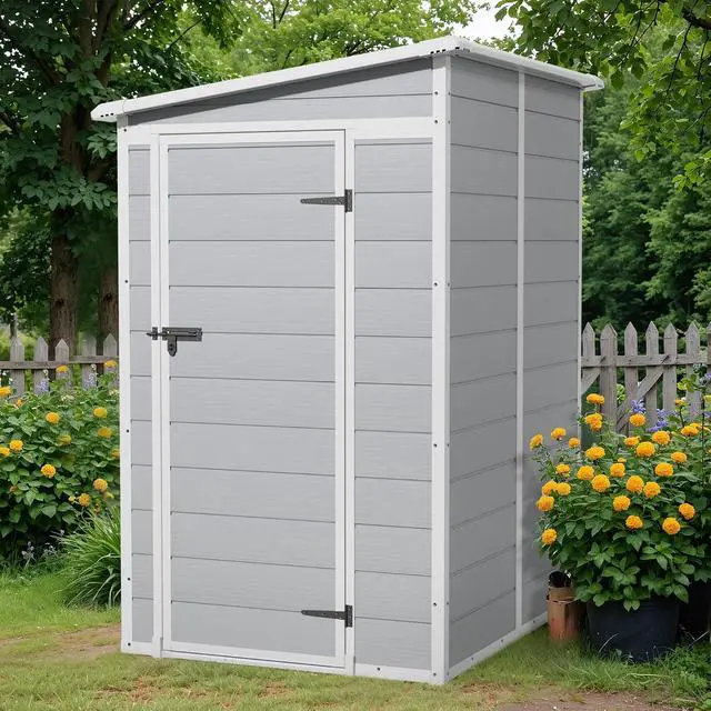 Alt view image 6 of 7 - 5 x 4 FT Outdoor Storage Shed, Garden Resin Shed with Floor & Windows, Plastic Tool Shed with Lockable Door for Backyard Patio Lawn Pool, Light Gray