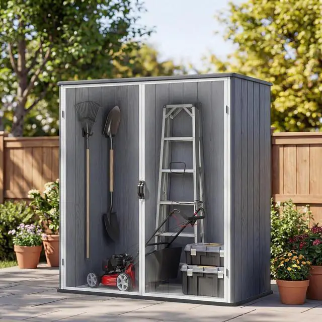 Alt view image 3 of 6 - 5 x 3 FT Outdoor Storage Shed, Garden Resin Storage Cabinet with Floor, Plastic Waterproof Vertical Tool Shed for Backyard Patio Lawn Pool, Dark Gray
