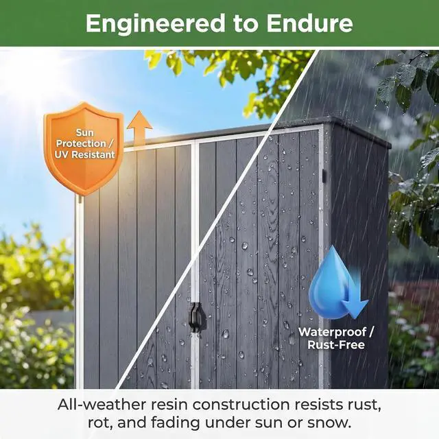 Alt view image 4 of 6 - 5 x 3 FT Outdoor Storage Shed, Garden Resin Storage Cabinet with Floor, Plastic Waterproof Vertical Tool Shed for Backyard Patio Lawn Pool, Dark Gray