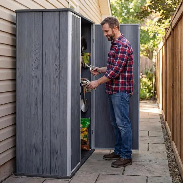 Alt view image 6 of 6 - 5 x 3 FT Outdoor Storage Shed, Garden Resin Storage Cabinet with Floor, Plastic Waterproof Vertical Tool Shed for Backyard Patio Lawn Pool, Dark Gray