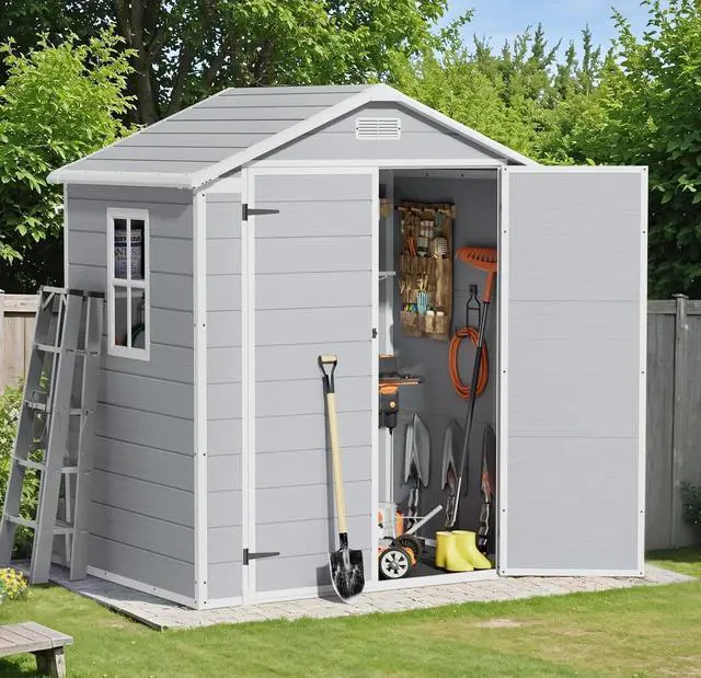 Main image of 6 x 4 FT Outdoor Storage Shed, Garden Resin Shed with Floor, Plastic Tool Shed with Lockable Door & Windows for Backyard Patio Lawn Pool, Light Gray