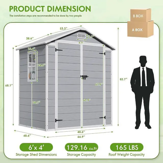 Alt view image 2 of 6 - 6 x 4 FT Outdoor Storage Shed, Garden Resin Shed with Floor, Plastic Tool Shed with Lockable Door & Windows for Backyard Patio Lawn Pool, Light Gray