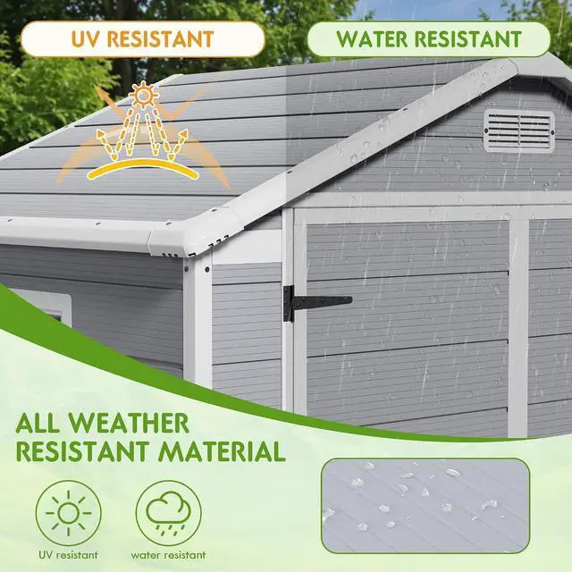 Alt view image 4 of 6 - 6 x 4 FT Outdoor Storage Shed, Garden Resin Shed with Floor, Plastic Tool Shed with Lockable Door & Windows for Backyard Patio Lawn Pool, Light Gray