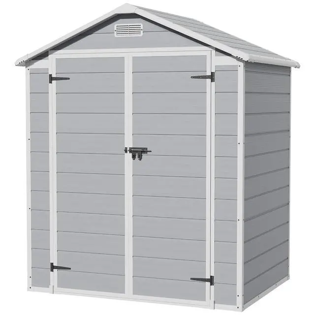 Alt view image 6 of 6 - 6 x 4 FT Outdoor Storage Shed, Garden Resin Shed with Floor, Plastic Tool Shed with Lockable Door & Windows for Backyard Patio Lawn Pool, Light Gray