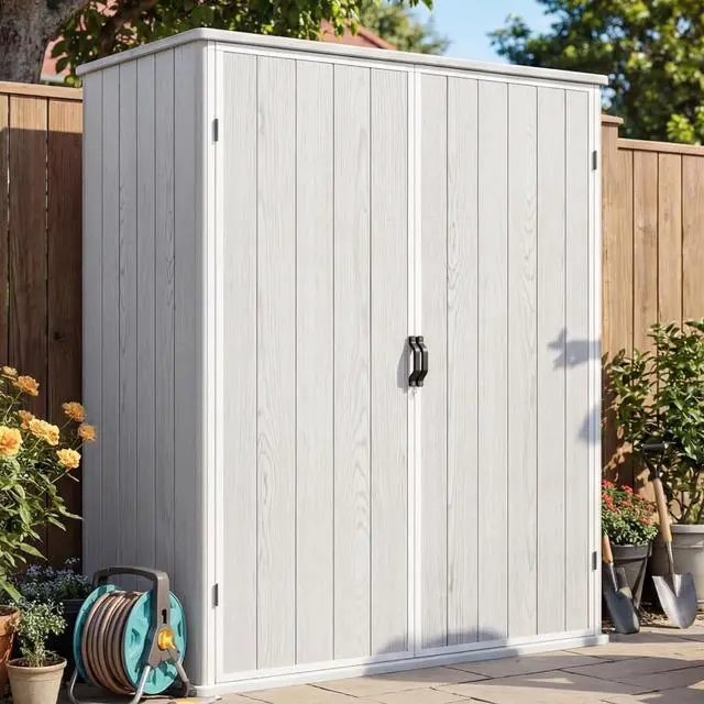 Main image of 5 x 3 FT Outdoor Storage Shed, Garden Resin Storage Cabinet with Floor, Plastic Waterproof Vertical Tool Shed for Backyard Patio Lawn Pool, Light Gray