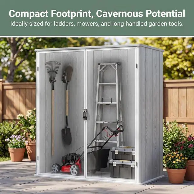 Alt view image 3 of 6 - 5 x 3 FT Outdoor Storage Shed, Garden Resin Storage Cabinet with Floor, Plastic Waterproof Vertical Tool Shed for Backyard Patio Lawn Pool, Light Gray