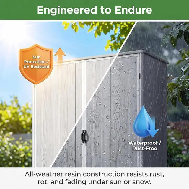 Alt view image 4 of 6 - 5 x 3 FT Outdoor Storage Shed, Garden Resin Storage Cabinet with Floor, Plastic Waterproof Vertical Tool Shed for Backyard Patio Lawn Pool, Light Gray
