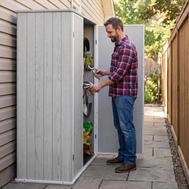 Alt view image 6 of 6 - 5 x 3 FT Outdoor Storage Shed, Garden Resin Storage Cabinet with Floor, Plastic Waterproof Vertical Tool Shed for Backyard Patio Lawn Pool, Light Gray