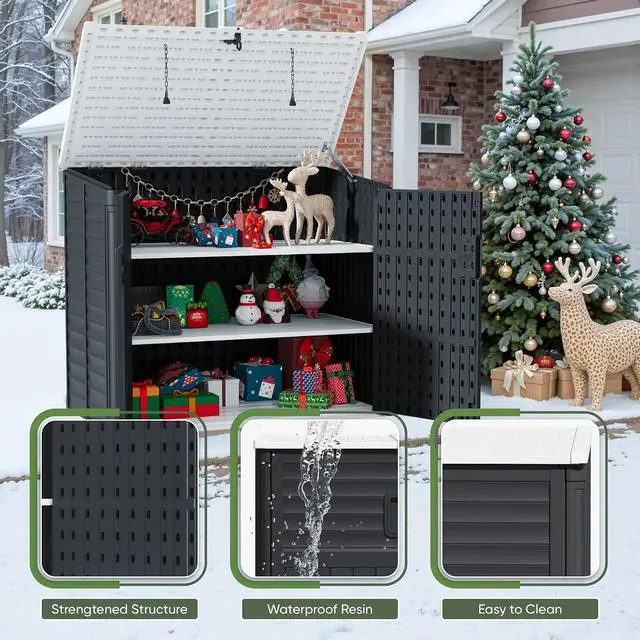 Alt view image 2 of 5 - 35 Cu. Ft. Resin Storage Shed with Shelves for Outdoor Indoor, Large Capacity Storage Box for Garden Tools, Patio Decorations Weather-Resistant, Lockable (Black)