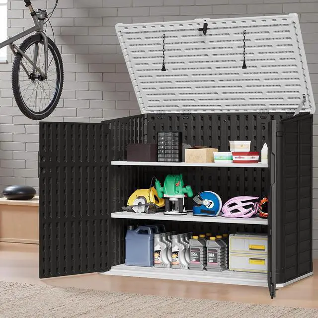 Alt view image 4 of 5 - 35 Cu. Ft. Resin Storage Shed with Shelves for Outdoor Indoor, Large Capacity Storage Box for Garden Tools, Patio Decorations Weather-Resistant, Lockable (Black)