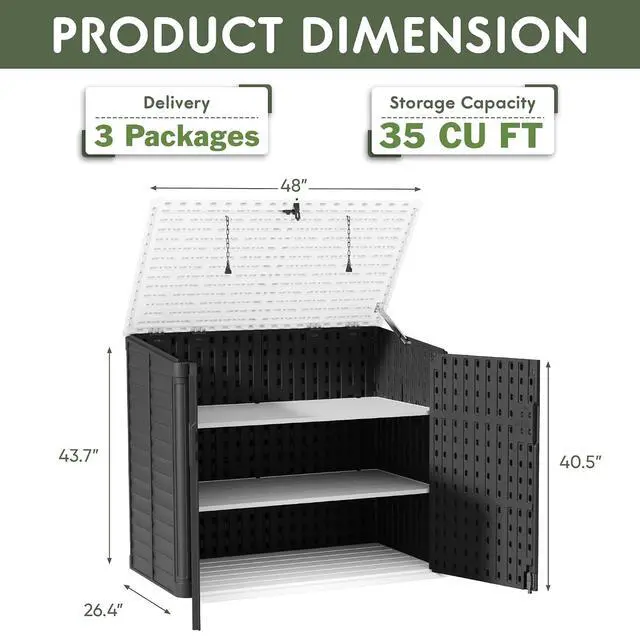 Alt view image 5 of 5 - 35 Cu. Ft. Resin Storage Shed with Shelves for Outdoor Indoor, Large Capacity Storage Box for Garden Tools, Patio Decorations Weather-Resistant, Lockable (Black)