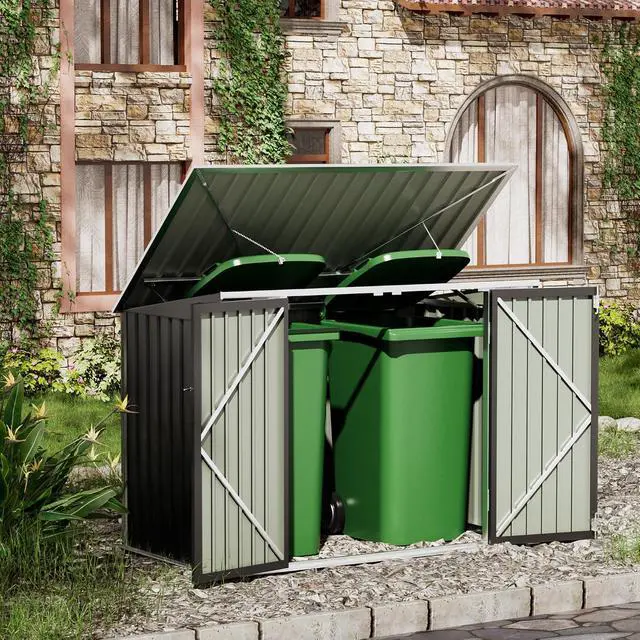 Alt view image 4 of 7 - 5.8 x 3.3 FT Storage Shed Outdoor Metal Trash Can Shed with Hydraulic Gas Rod Lockable Garden Tool Shed for Backyard, Lawn, Roadside
