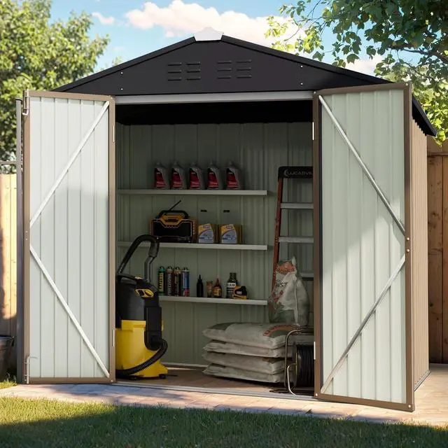 Alt view image 2 of 6 - 6 x 4 FT Shed Outdoor Storage Shed Metal Garden Shed with Lockable Door Outside Waterproof Tool Shed for Backyard, Patio, Lawn (Brown)