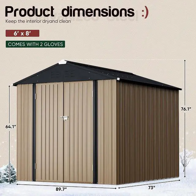 Alt view image 3 of 6 - 6 x 4 FT Shed Outdoor Storage Shed Metal Garden Shed with Lockable Door Outside Waterproof Tool Shed for Backyard, Patio, Lawn (Brown)
