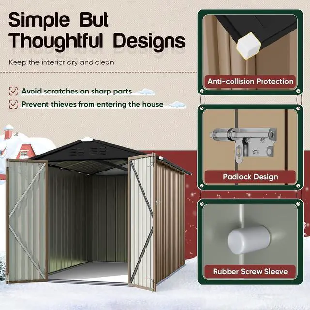 Alt view image 4 of 6 - 6 x 4 FT Shed Outdoor Storage Shed Metal Garden Shed with Lockable Door Outside Waterproof Tool Shed for Backyard, Patio, Lawn (Brown)