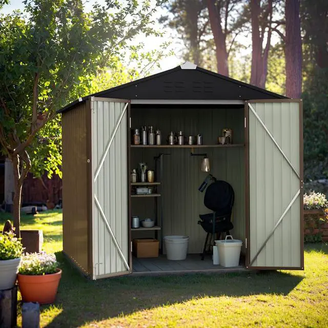 Alt view image 6 of 6 - 6 x 4 FT Shed Outdoor Storage Shed Metal Garden Shed with Lockable Door Outside Waterproof Tool Shed for Backyard, Patio, Lawn (Brown)