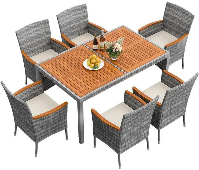 Main image of 7 Piece Patio Dining Set Outdoor Acacia Wood Table and Chairs with Soft Cushions Wicker Patio Furniture for Deck, Backyard, Garden (Grey)