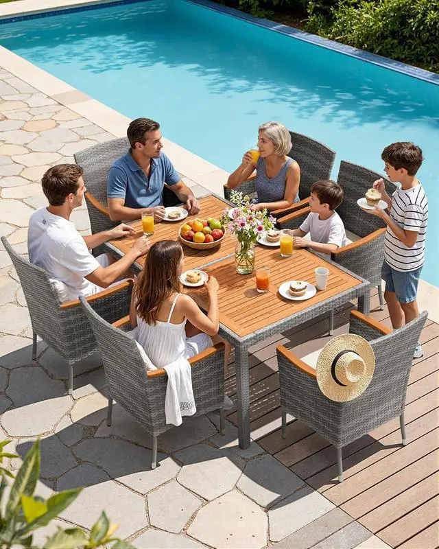 Alt view image 3 of 7 - 7 Piece Patio Dining Set Outdoor Acacia Wood Table and Chairs with Soft Cushions Wicker Patio Furniture for Deck, Backyard, Garden (Grey)