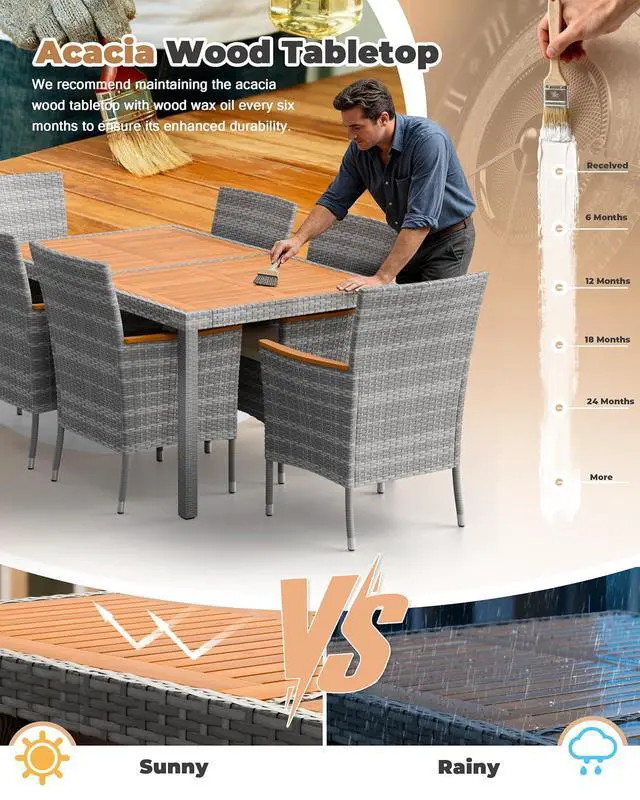 Alt view image 6 of 7 - 7 Piece Patio Dining Set Outdoor Acacia Wood Table and Chairs with Soft Cushions Wicker Patio Furniture for Deck, Backyard, Garden (Grey)