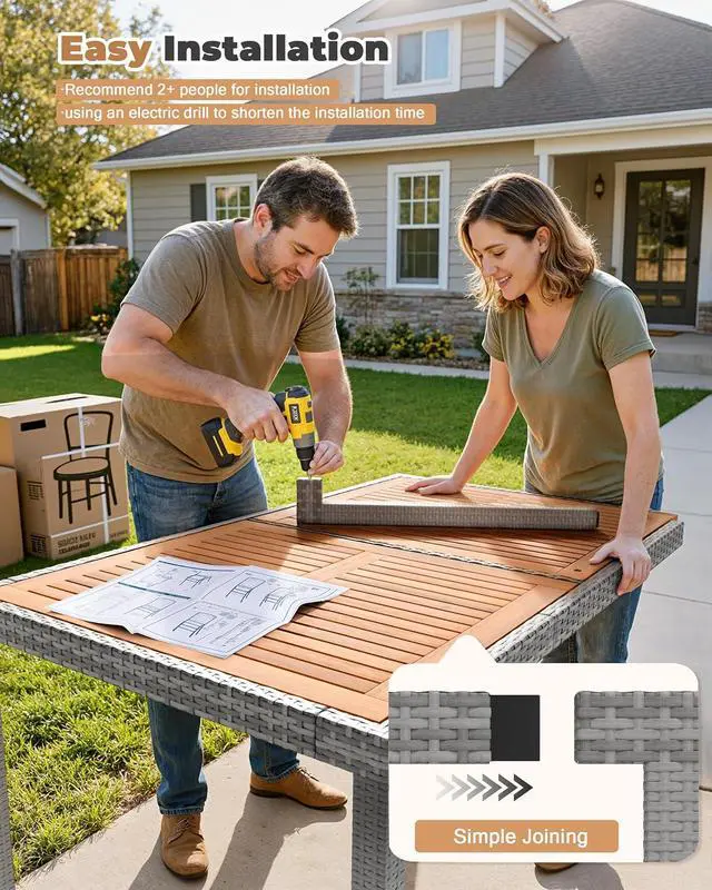 Alt view image 4 of 7 - 7 Piece Patio Dining Set Outdoor Acacia Wood Table and Chairs with Soft Cushions Wicker Patio Furniture for Deck, Backyard, Garden (Grey)