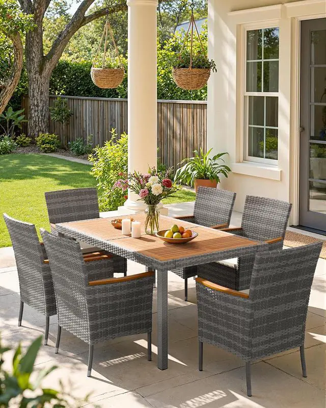 Alt view image 2 of 7 - 7 Piece Patio Dining Set Outdoor Acacia Wood Table and Chairs with Soft Cushions Wicker Patio Furniture for Deck, Backyard, Garden (Grey)