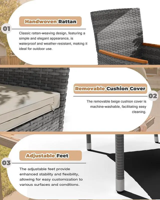 Alt view image 5 of 7 - 7 Piece Patio Dining Set Outdoor Acacia Wood Table and Chairs with Soft Cushions Wicker Patio Furniture for Deck, Backyard, Garden (Grey)