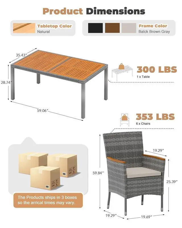 Alt view image 7 of 7 - 7 Piece Patio Dining Set Outdoor Acacia Wood Table and Chairs with Soft Cushions Wicker Patio Furniture for Deck, Backyard, Garden (Grey)