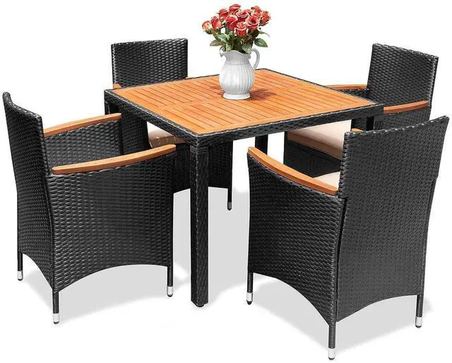 Main image of 5 Piece Patio Dining Set Outdoor Acacia Wood Table and Chairs with Soft Cushions Wicker Patio Furniture for Deck, Backyard, Garden