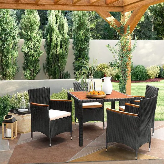 Alt view image 2 of 7 - 5 Piece Patio Dining Set Outdoor Acacia Wood Table and Chairs with Soft Cushions Wicker Patio Furniture for Deck, Backyard, Garden